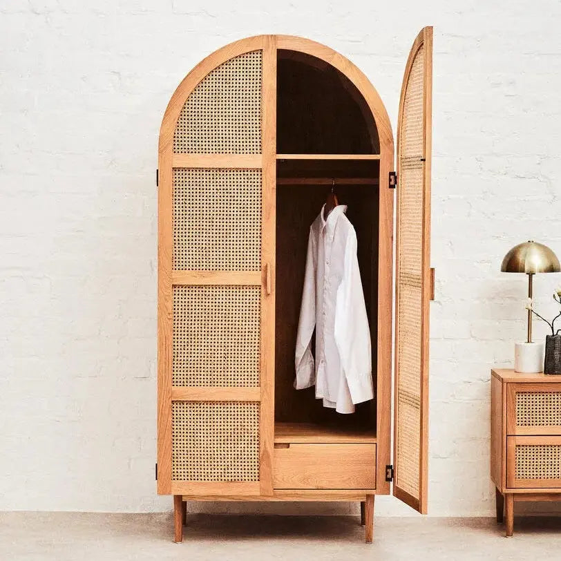 Lynor 2 Door Natural Rattan And Oak Wardrobe   Nicholas John Interiors