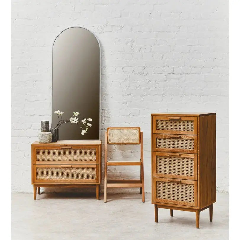 Lynor Rattan and Oak Four Drawer Wood Chest   Nicholas John Interiors