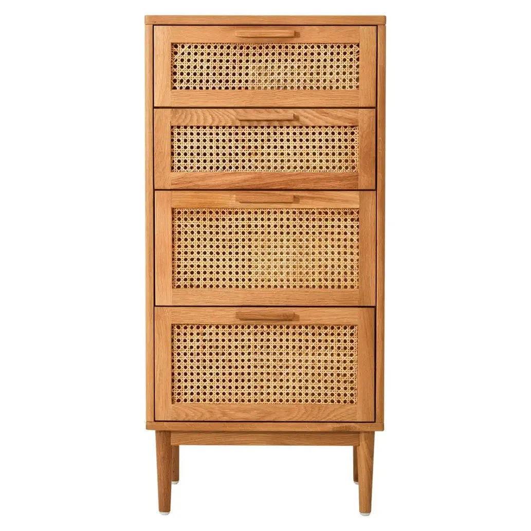 Lynor Rattan and Oak Four Drawer Wood Chest   Nicholas John Interiors