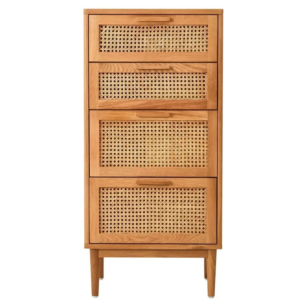 Lynor Rattan and Oak Four Drawer Wood Chest   Nicholas John Interiors