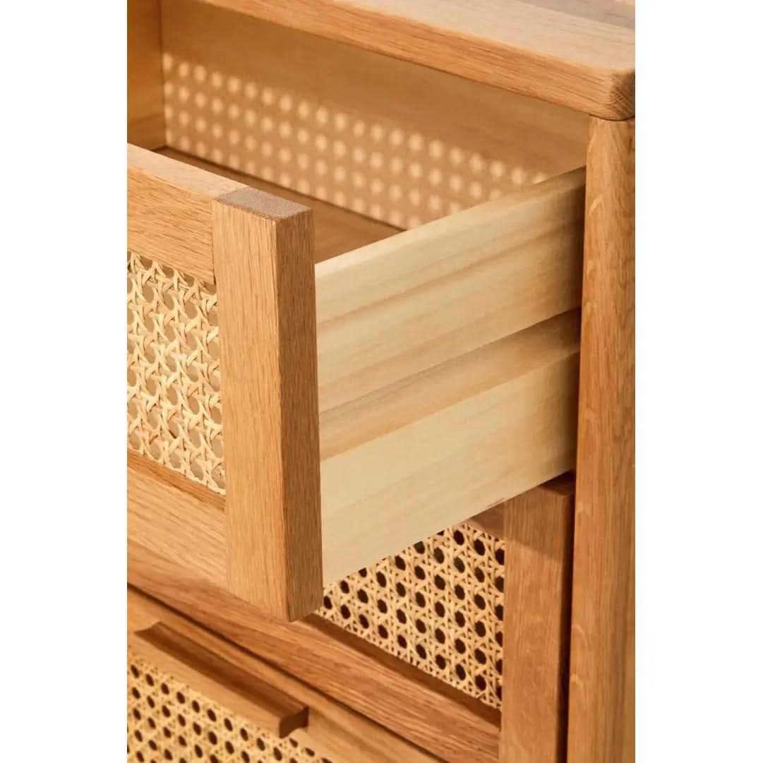 Lynor Rattan and Oak Four Drawer Wood Chest   Nicholas John Interiors