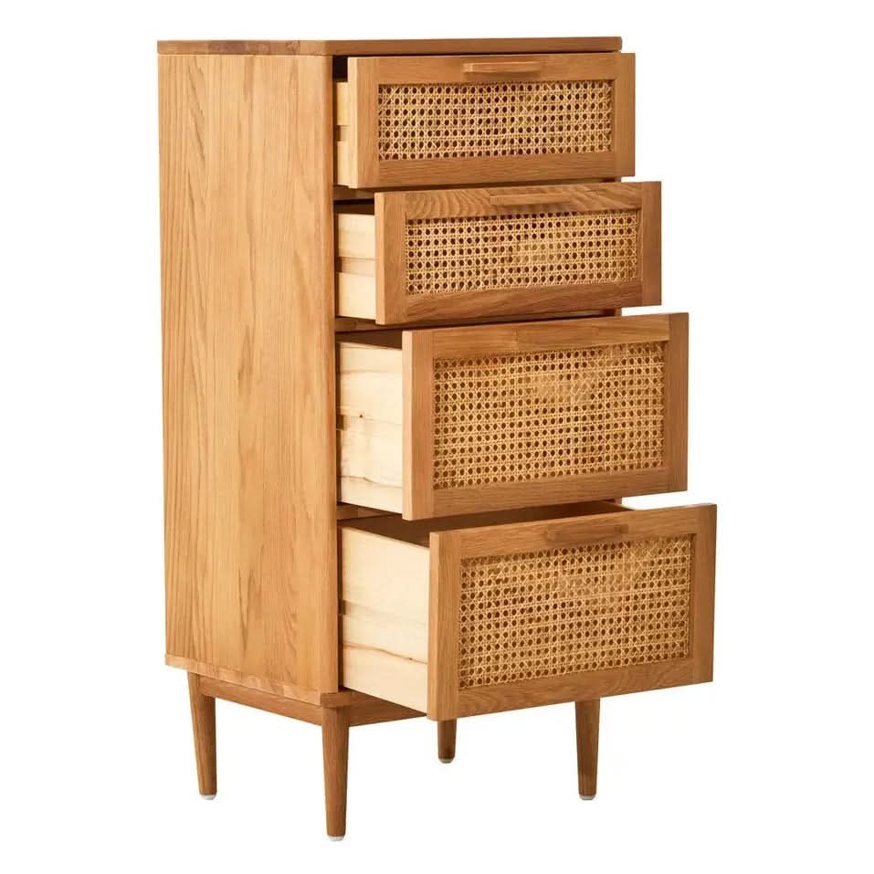 Lynor Rattan and Oak Four Drawer Wood Chest   Nicholas John Interiors