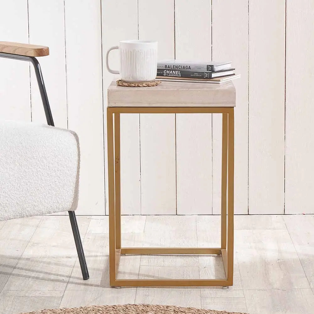 Madison Beige Granite and Burnished Gold Metal Square Side Table  Nicholas John Interiors