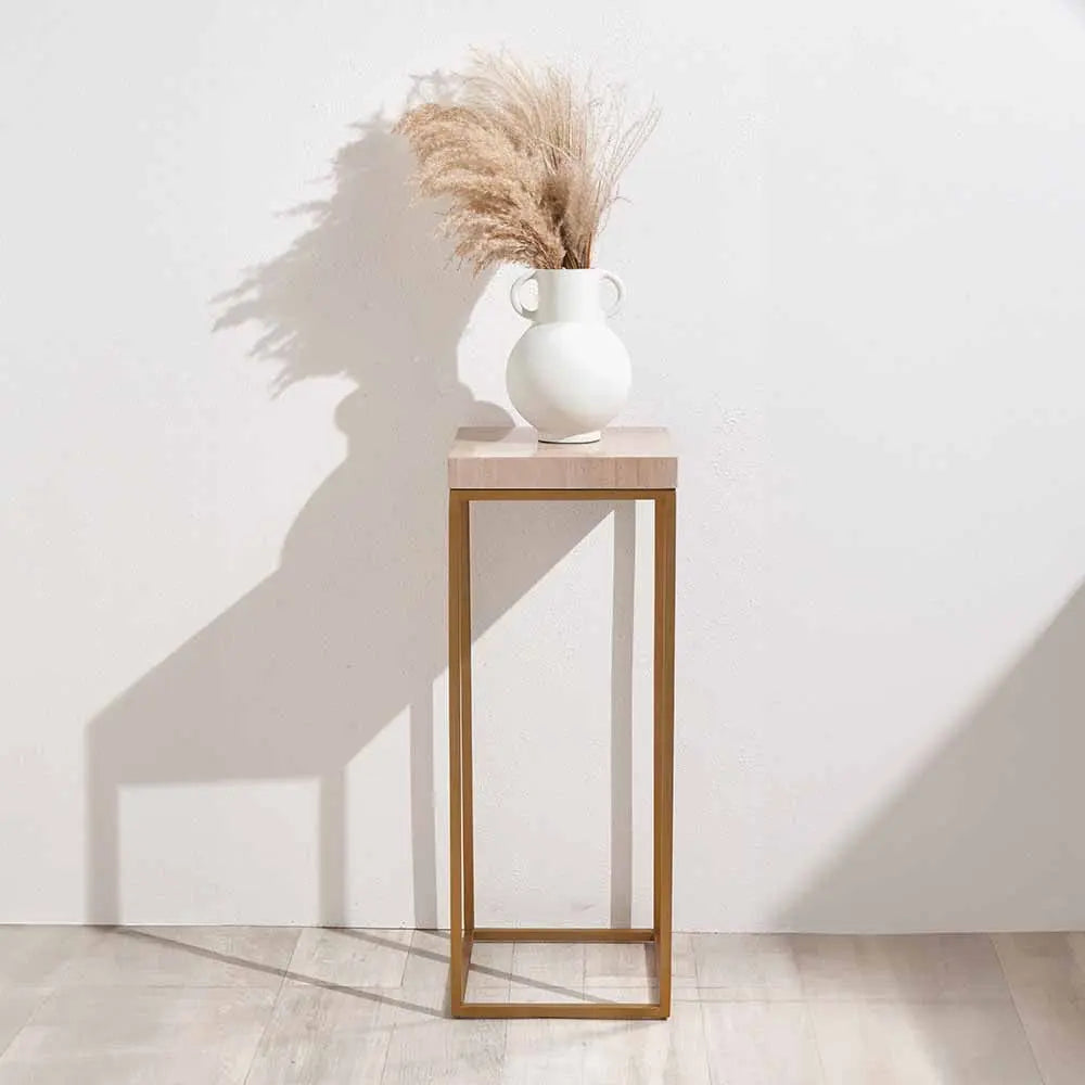 Madison Beige Granite and Burnished Gold Metal Tall Square Side Table  Nicholas John Interiors
