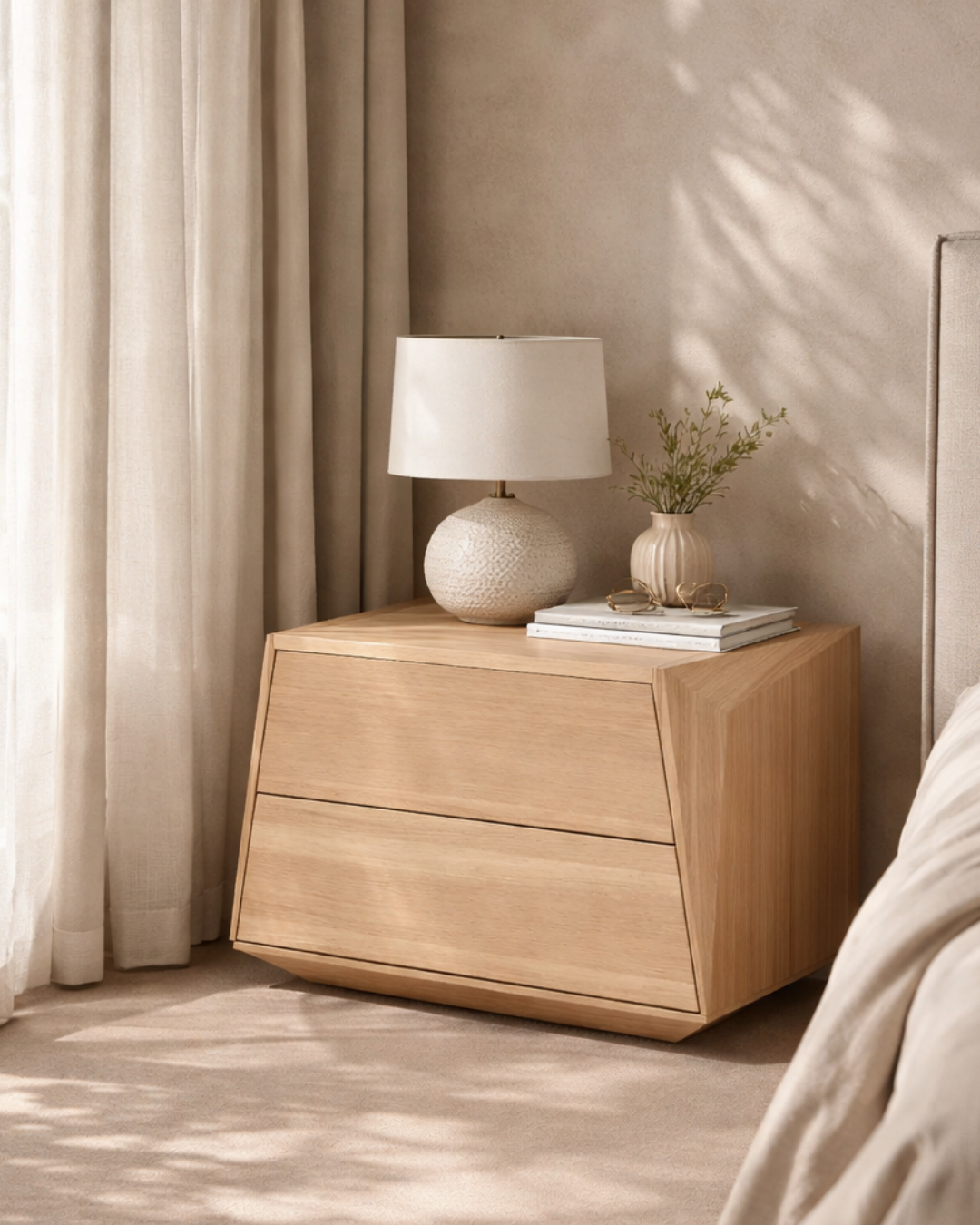 Tommy Franks Madon Wide Bedside Table 700mm - Ash Oak   Nicholas John Interiors