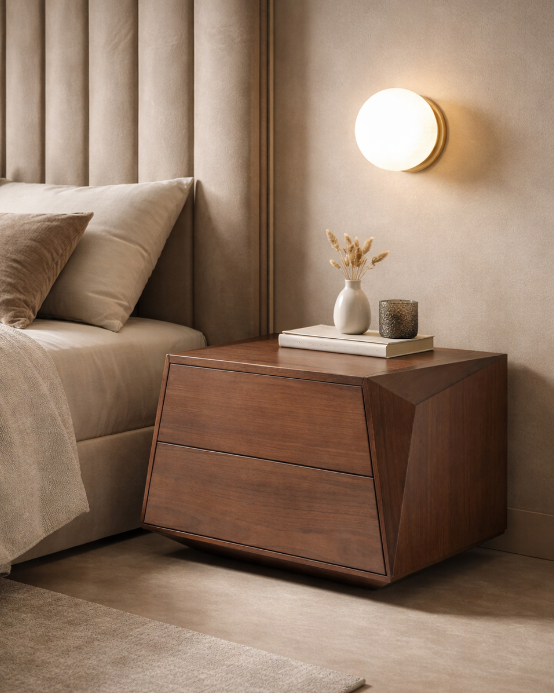 Madon Wide Bedside Table 700mm - Walnut   Nicholas John Interiors