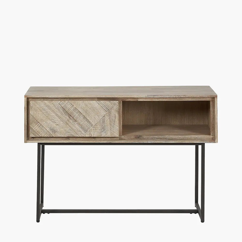 Marca Sand Wash Acacia Wood and Black Metal 1 Drawer Console Table   Nicholas John Interiors