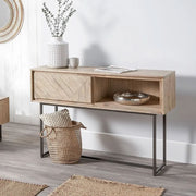 Marca Sand Wash Acacia Wood and Black Metal 1 Drawer Console Table   Nicholas John Interiors