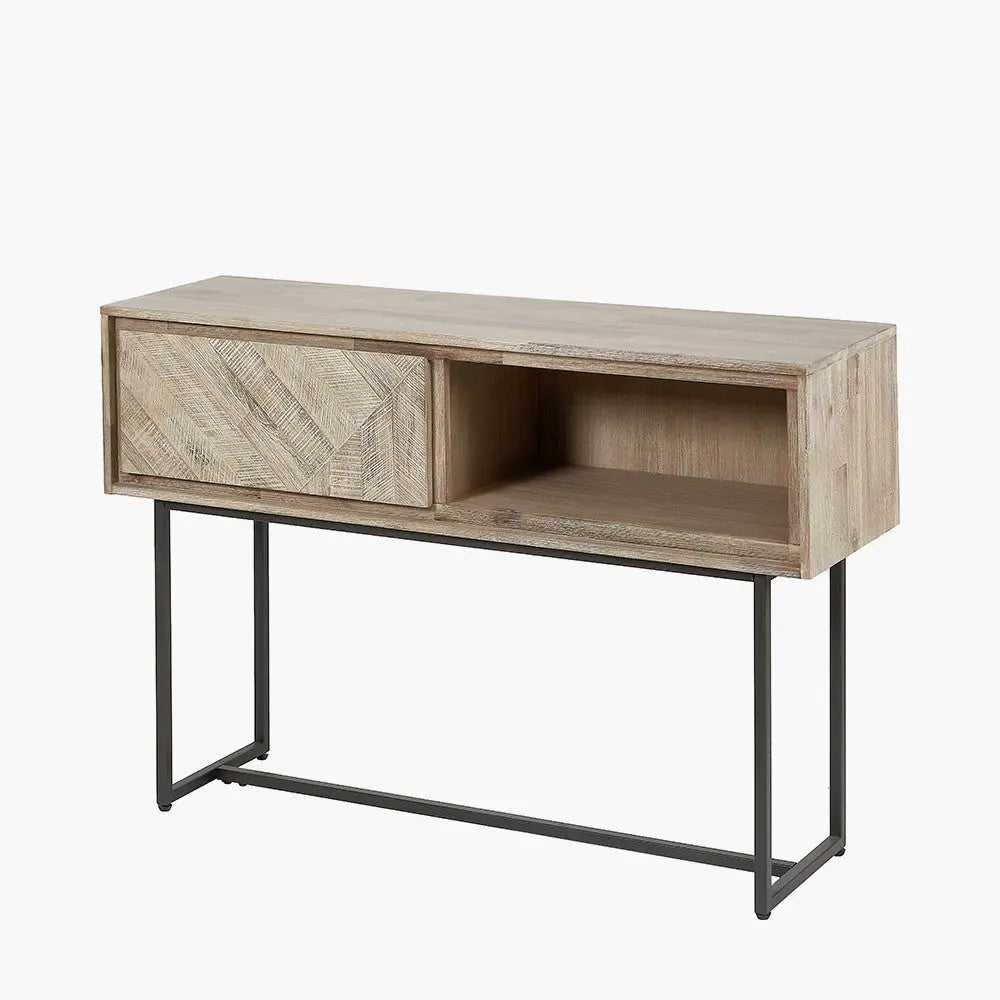 Marca Sand Wash Acacia Wood and Black Metal 1 Drawer Console Table   Nicholas John Interiors