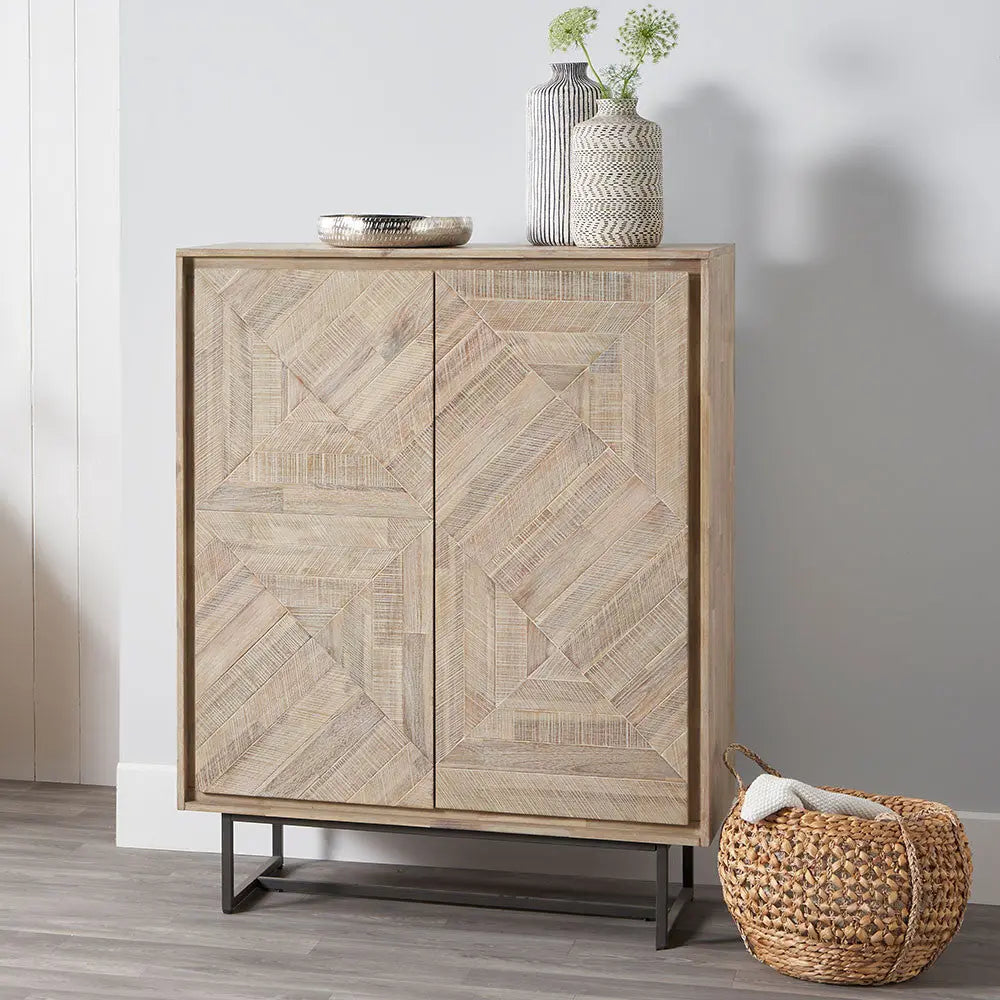 Marca Sand Wash Acacia Wood and Black Metal 2 Door Bar Cabinet   Nicholas John Interiors