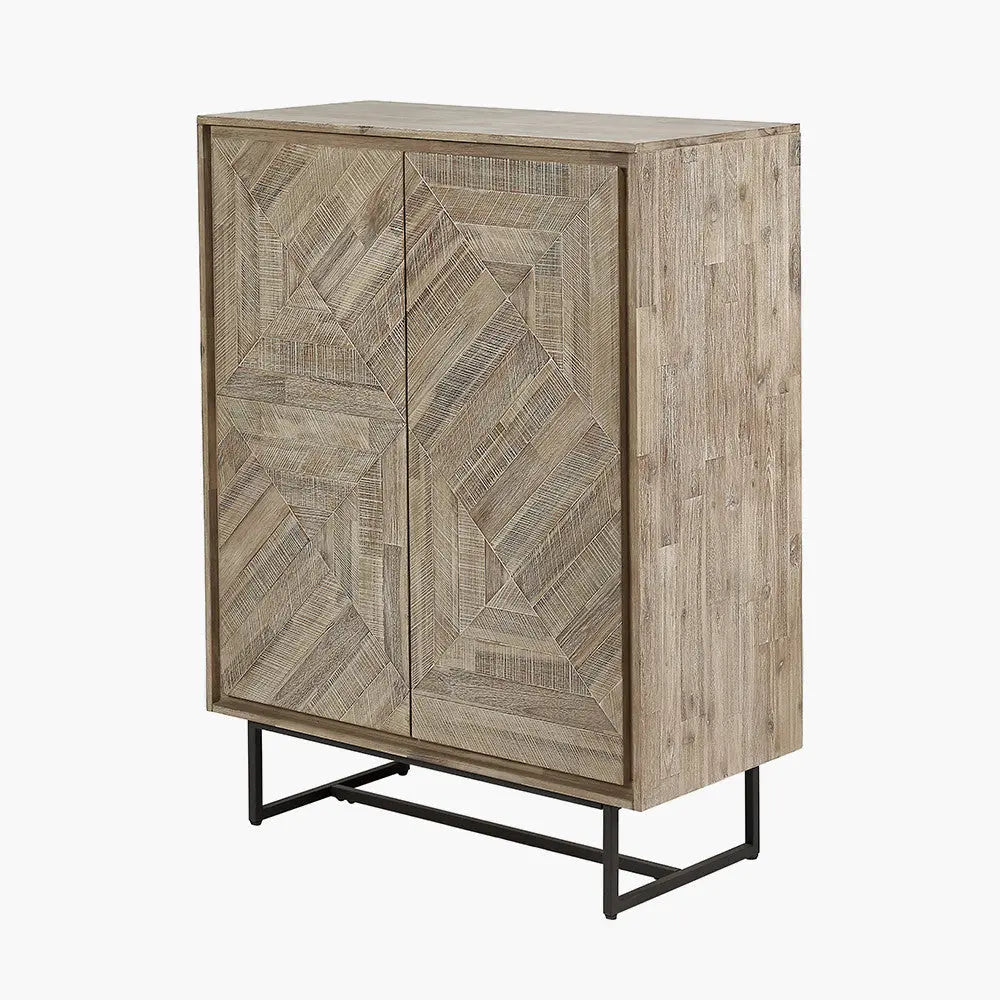 Marca Sand Wash Acacia Wood and Black Metal 2 Door Bar Cabinet   Nicholas John Interiors