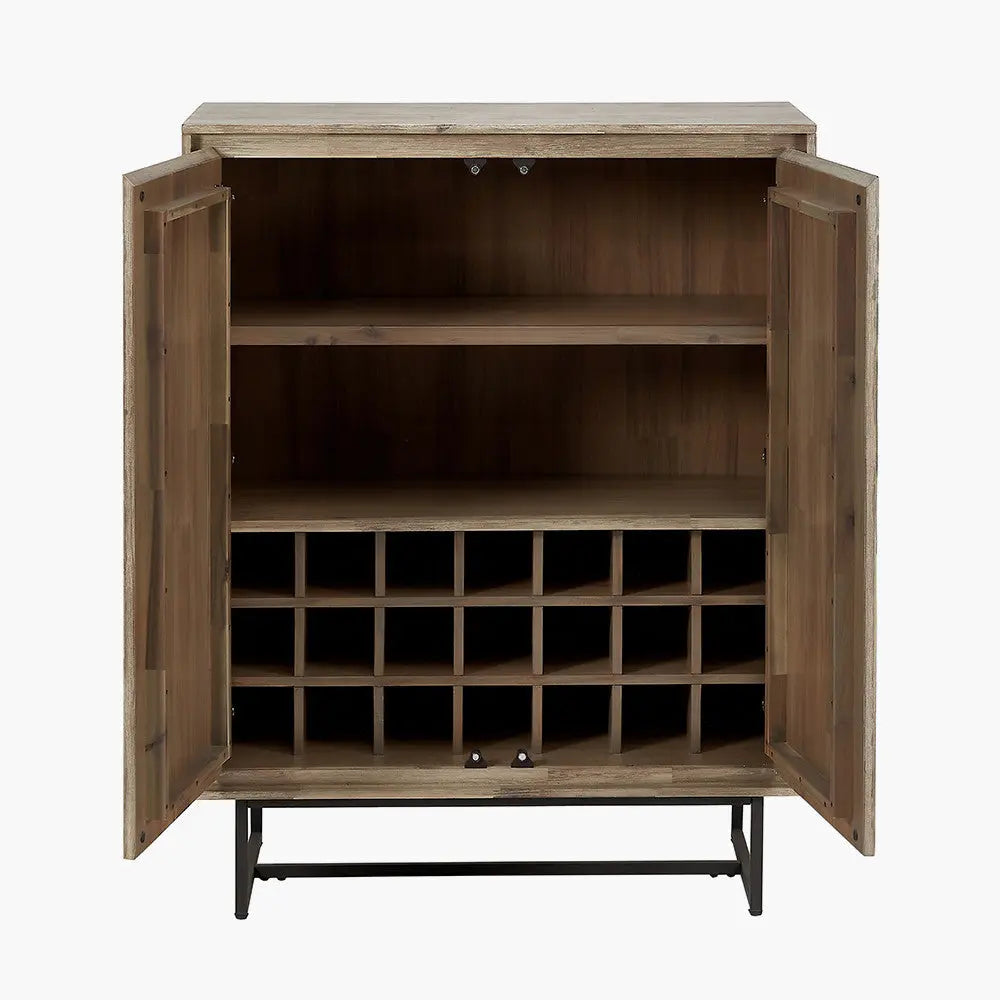 Marca Sand Wash Acacia Wood and Black Metal 2 Door Bar Cabinet   Nicholas John Interiors