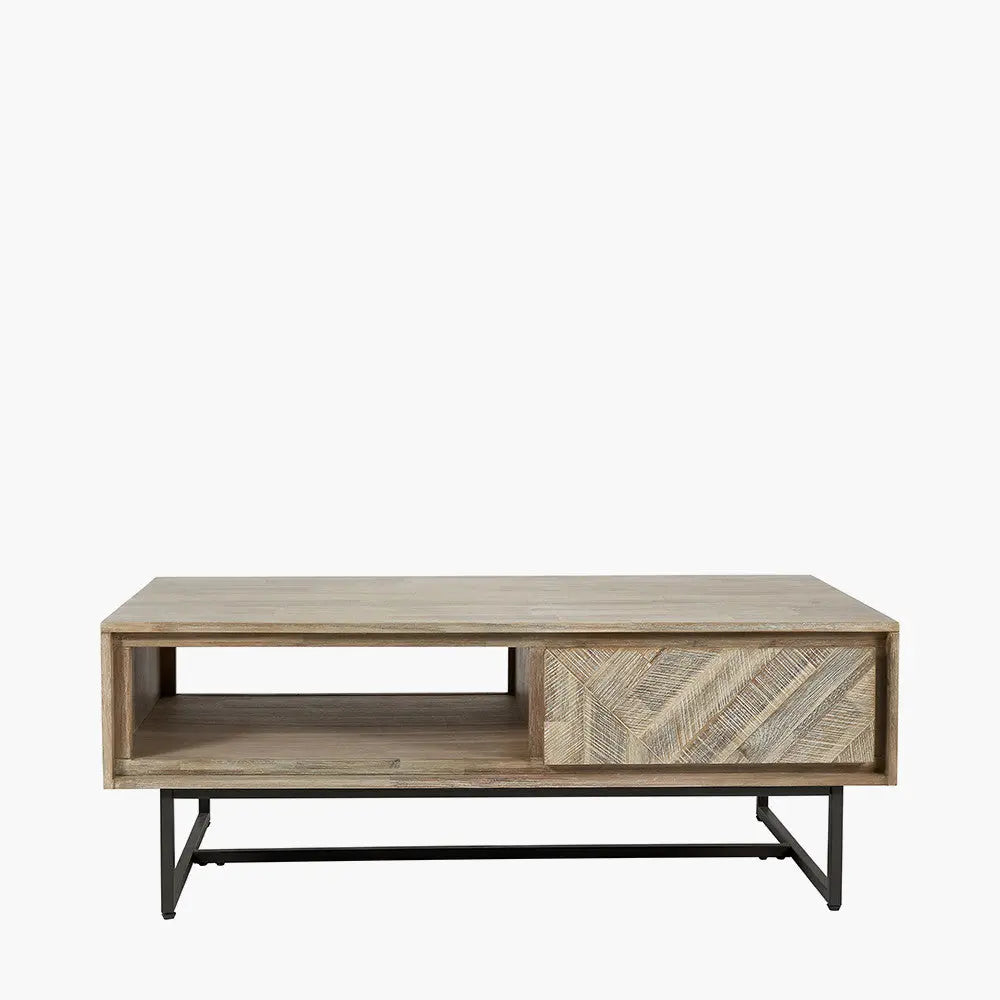 Marca Sand Wash Acacia Wood and Black Metal 2 Drawer Coffee Table   Nicholas John Interiors