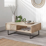 Marca Sand Wash Acacia Wood and Black Metal 2 Drawer Coffee Table   Nicholas John Interiors