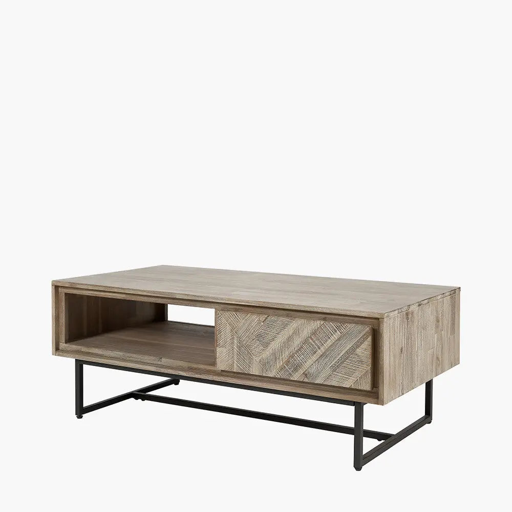 Marca Sand Wash Acacia Wood and Black Metal 2 Drawer Coffee Table   Nicholas John Interiors