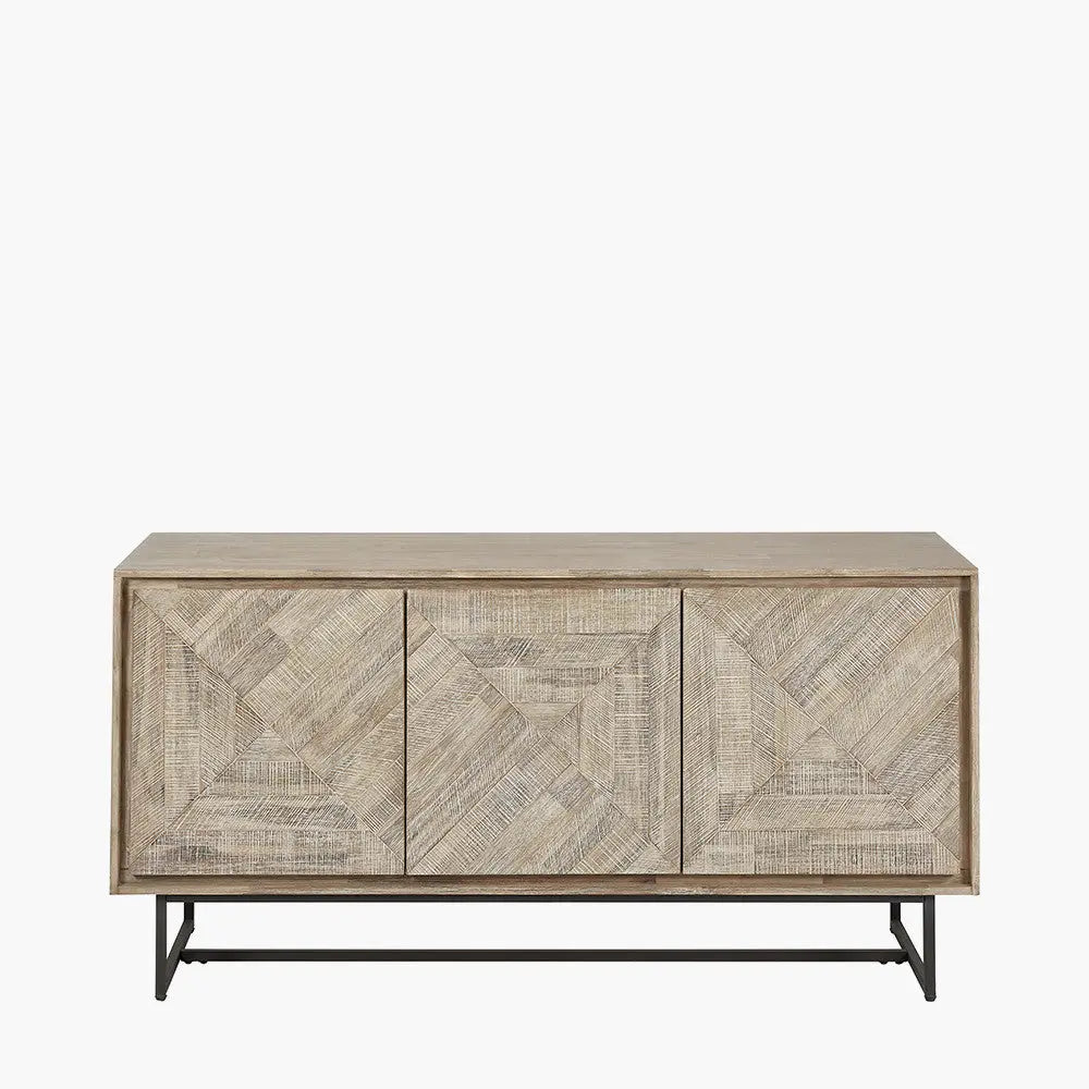 Marca Sand Wash Acacia Wood and Black Metal 3 Door Sideboard   Nicholas John Interiors