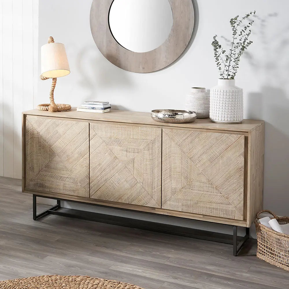 Marca Sand Wash Acacia Wood and Black Metal 3 Door Sideboard   Nicholas John Interiors