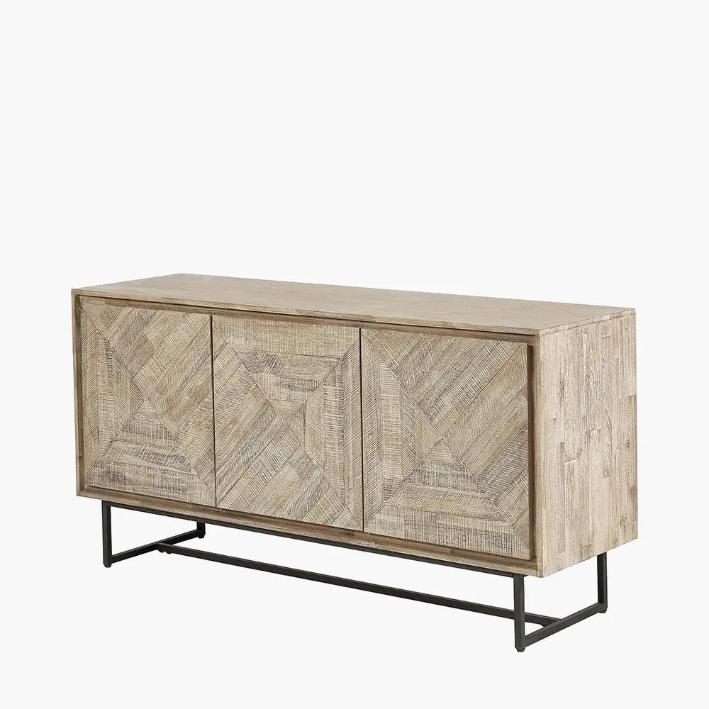 Marca Sand Wash Acacia Wood and Black Metal 3 Door Sideboard   Nicholas John Interiors