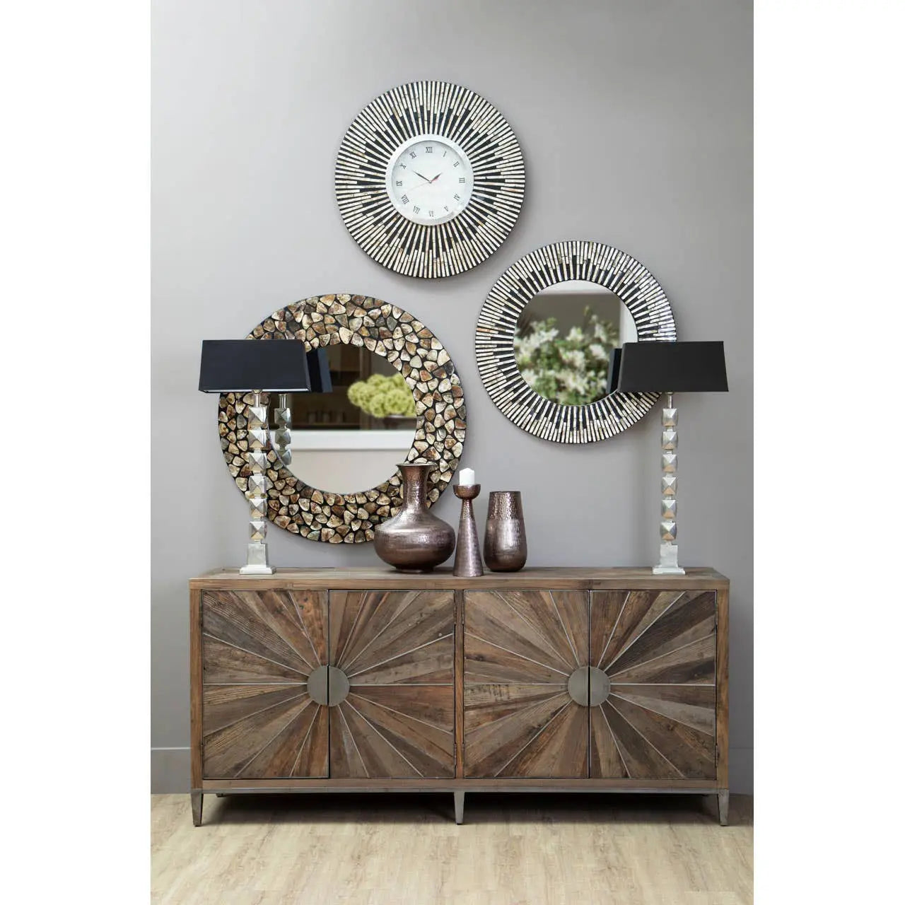 Midaro Elm Wood Sideboard with Silver Sunburst Inlay  Nicholas John Interiors