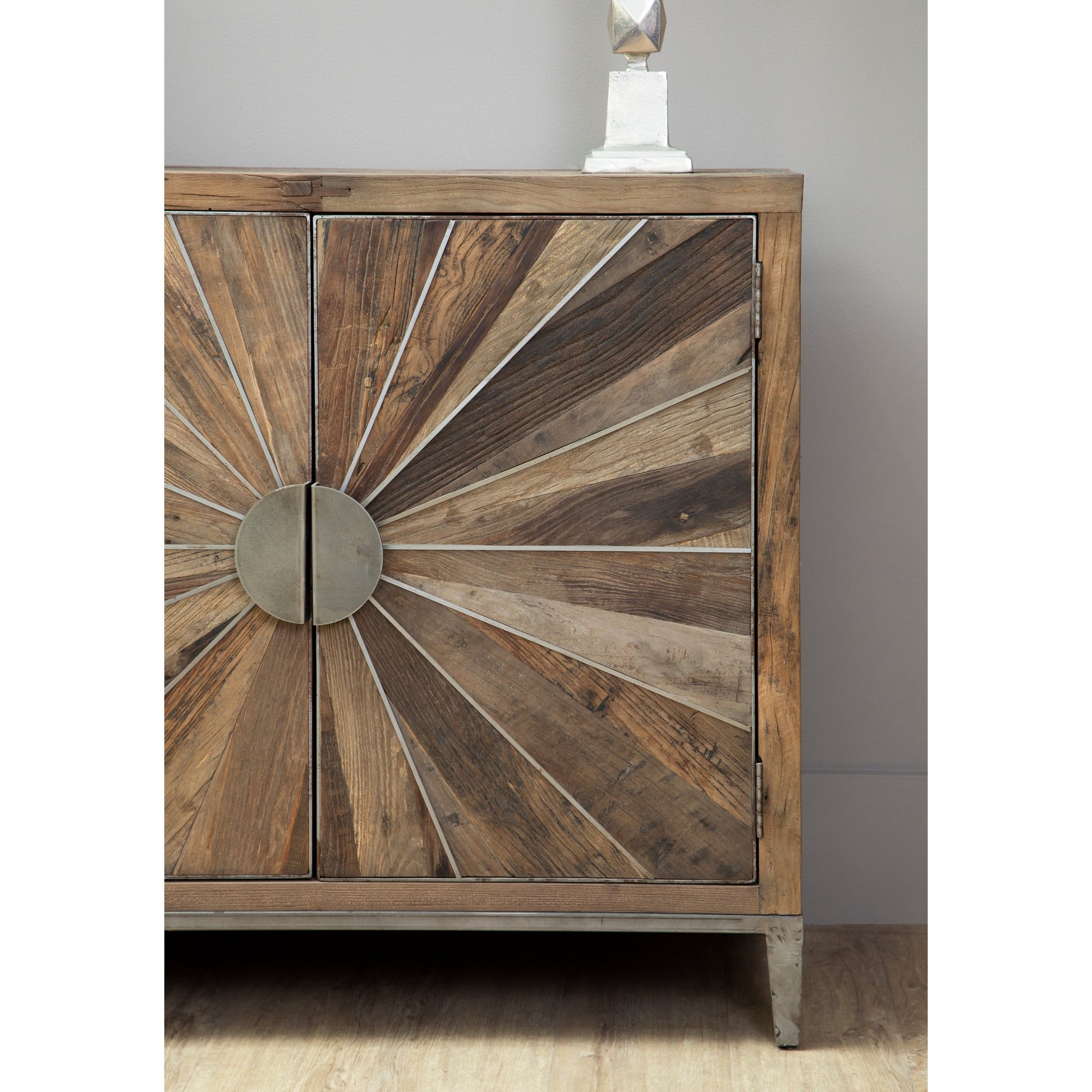 Midaro Elm Wood Sideboard with Silver Sunburst Inlay  Nicholas John Interiors