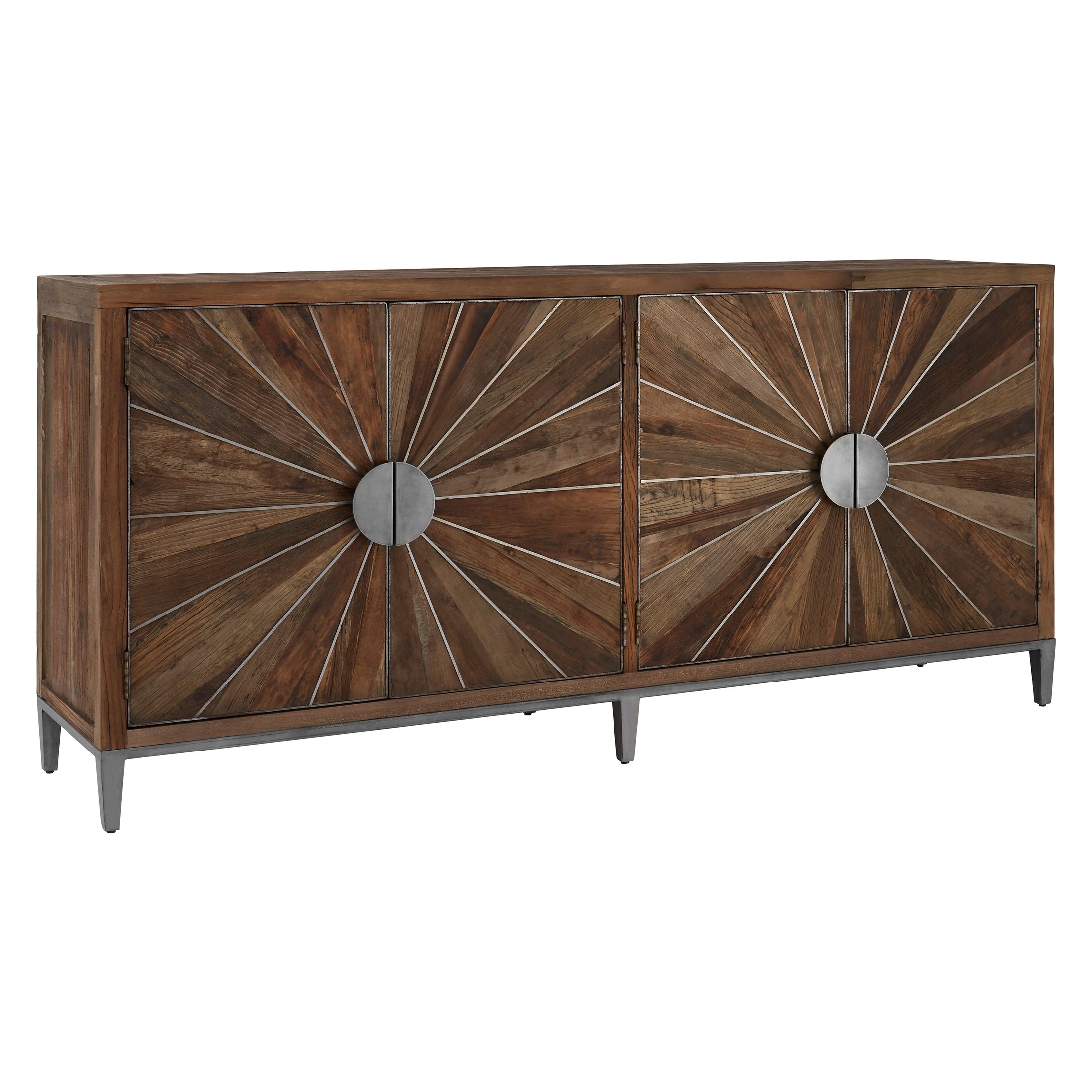Midaro Elm Wood Sideboard with Silver Sunburst Inlay  Nicholas John Interiors
