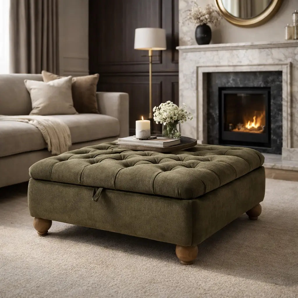 Mila Chesterfield Footstool - Celine Olive   Nicholas John Interiors