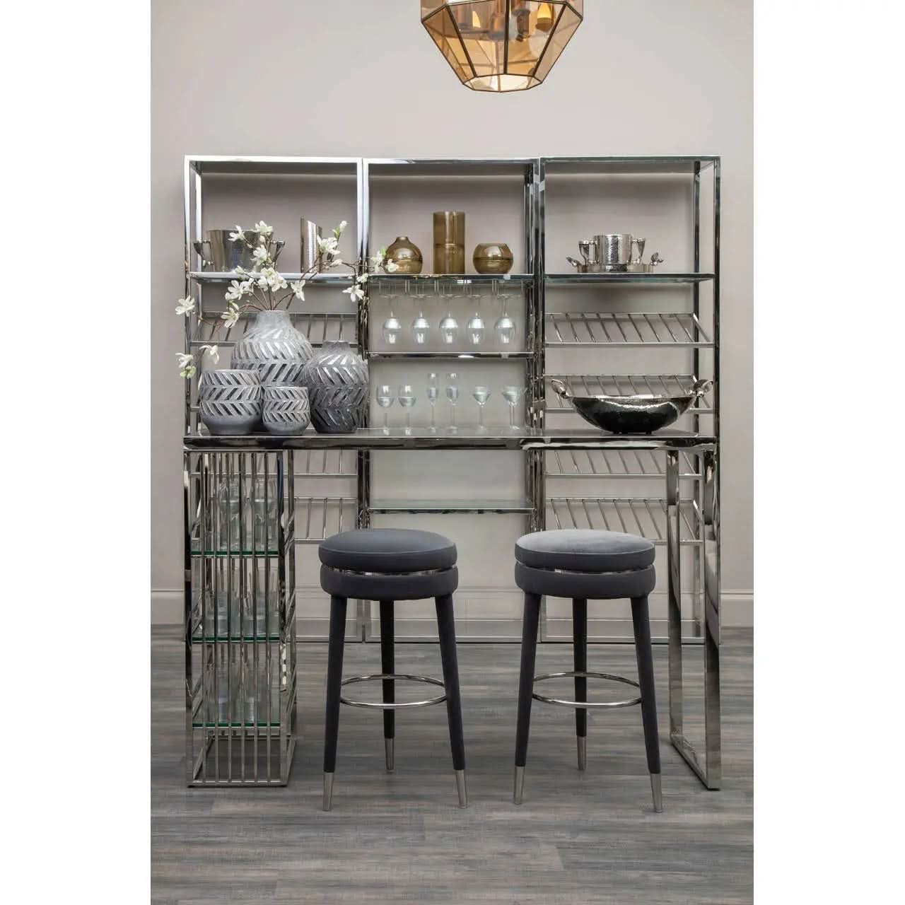 Montreal Grey Velvet Bar Stool with Rubberwood Legs   Nicholas John Interiors