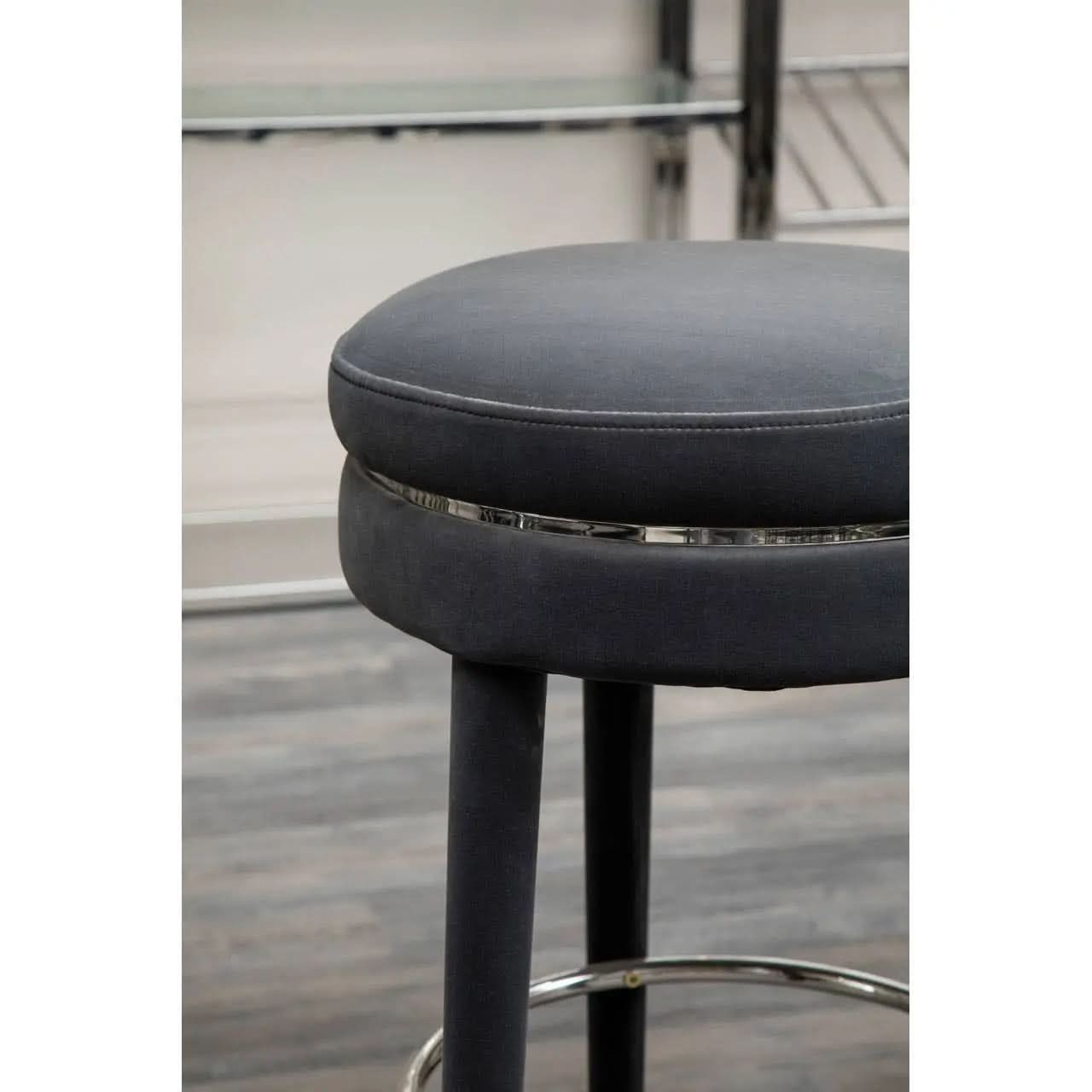 Montreal Grey Velvet Bar Stool with Rubberwood Legs   Nicholas John Interiors