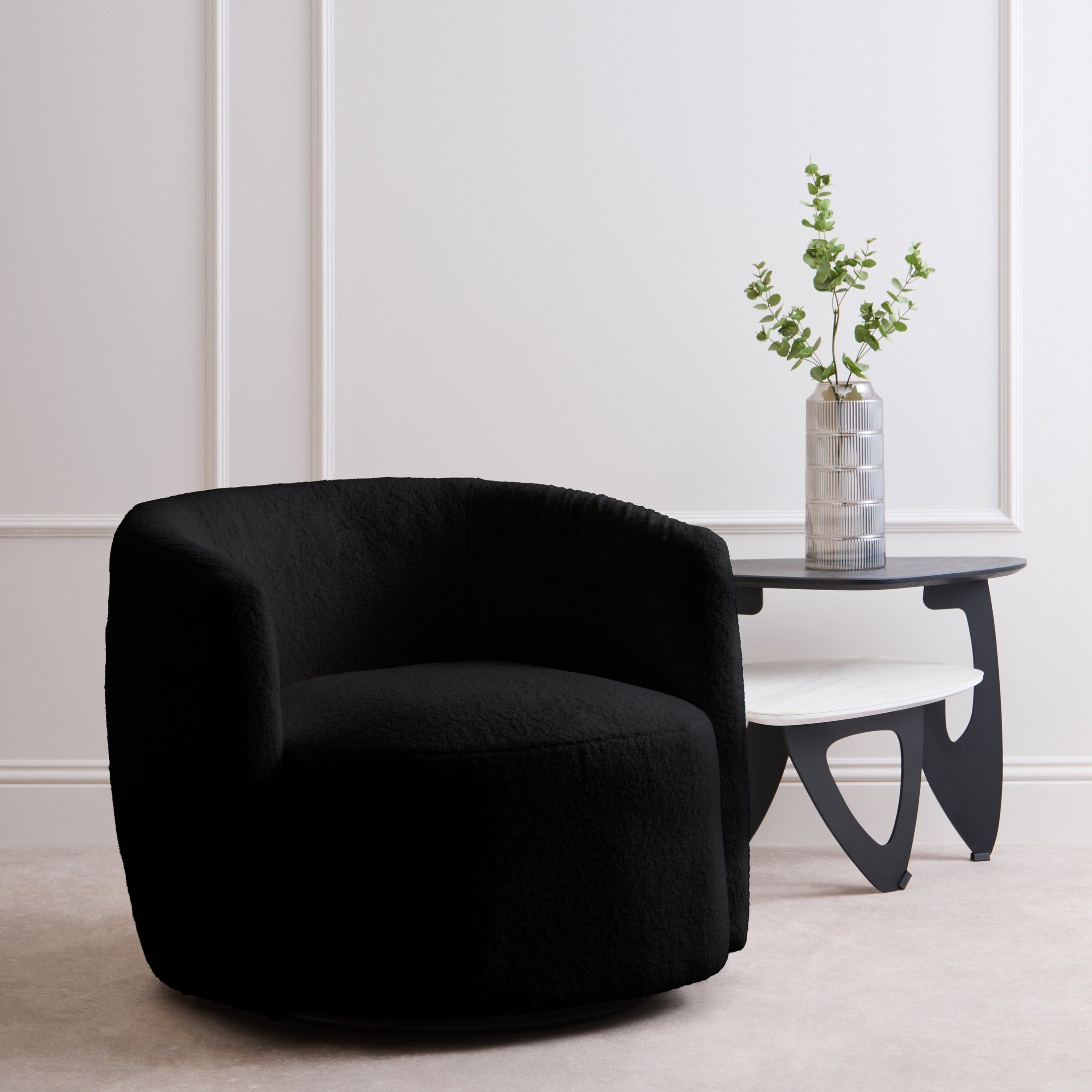 Montrose Black Boucle Effect Curved Lounge Chair With Swivel Base  Nicholas John Interiors