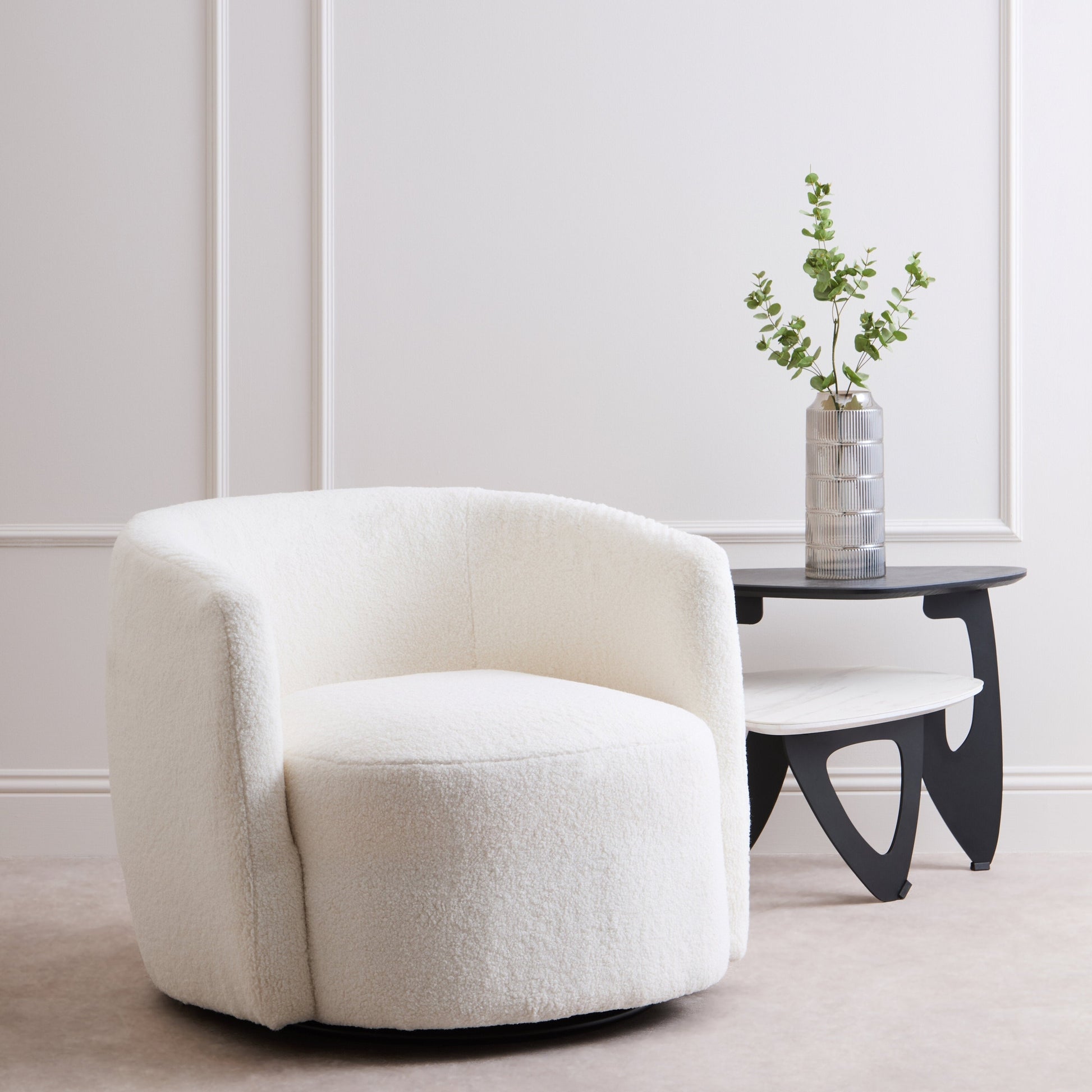 Montrose Ivory Boucle Effect Curved Lounge Chair With Swivel Base  Nicholas John Interiors