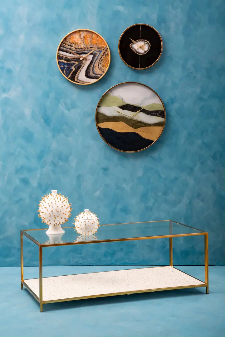 Noria Glass And White Terrazzo Gold Frame Coffee Table   Nicholas John Interiors