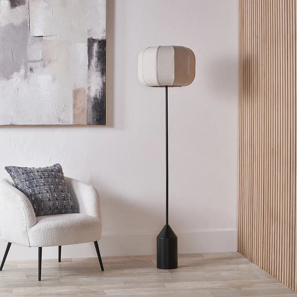 Oscar Black Metal & Natural Linen Floor Lamp  Nicholas John Interiors