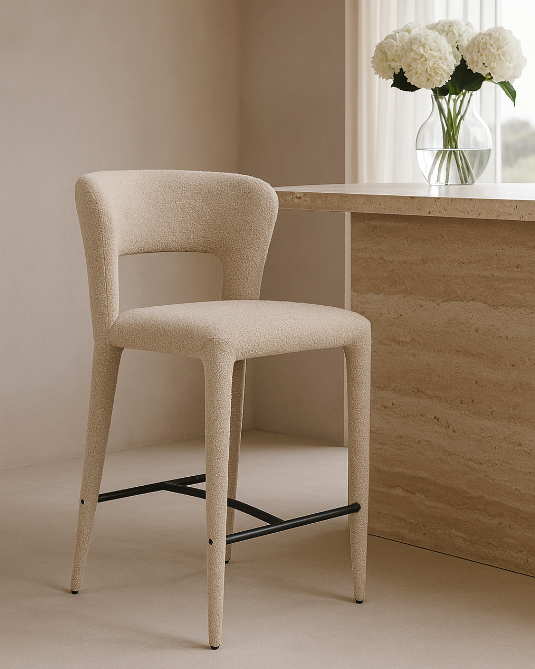 Tommy Franks Pari I Bar Stool - Chex Boucle Steam   Nicholas John Interiors