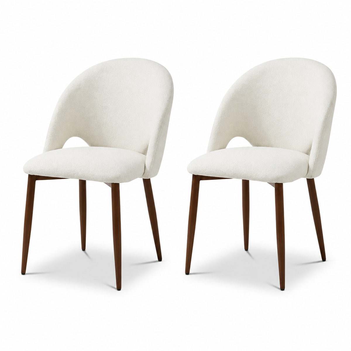 Berkeley Designs Argenta neutral boucle dining chairs set of 2 with cutout backs and walnut legs