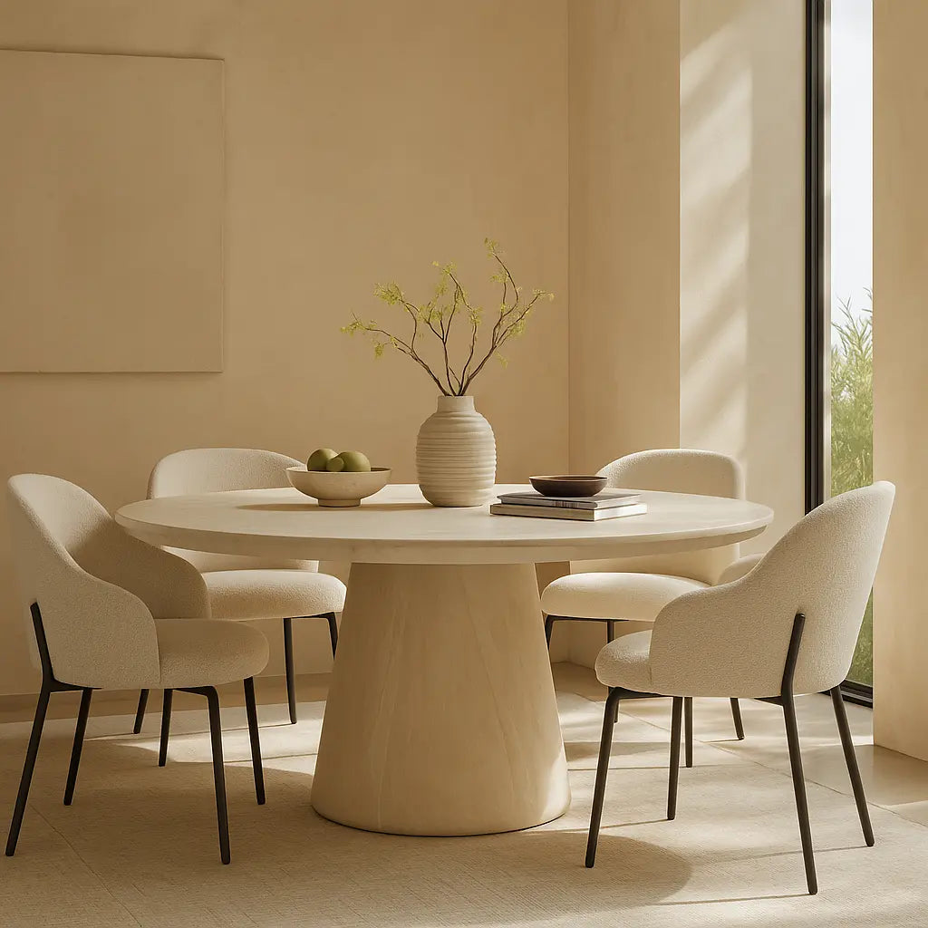 Paxon Round Dining Table Travertine  Nicholas John Interiors