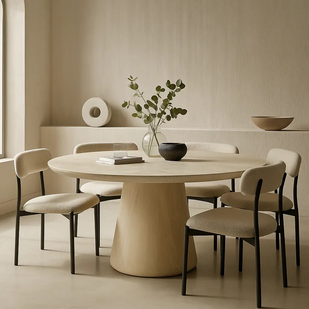 Paxon Round Dining Table Travertine  Nicholas John Interiors