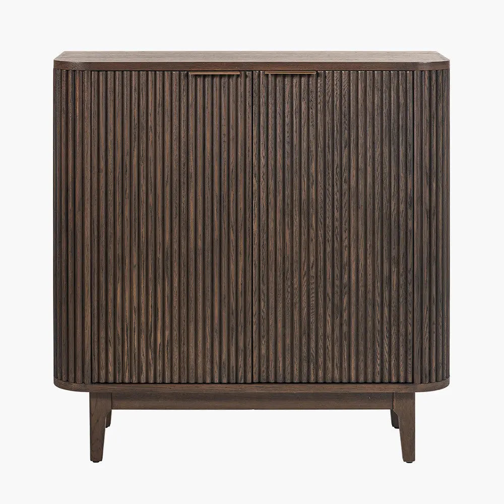 Raie Dark Brown Ribbed Oak and Pine Wood 2 Door Bar Cabinet   Nicholas John Interiors