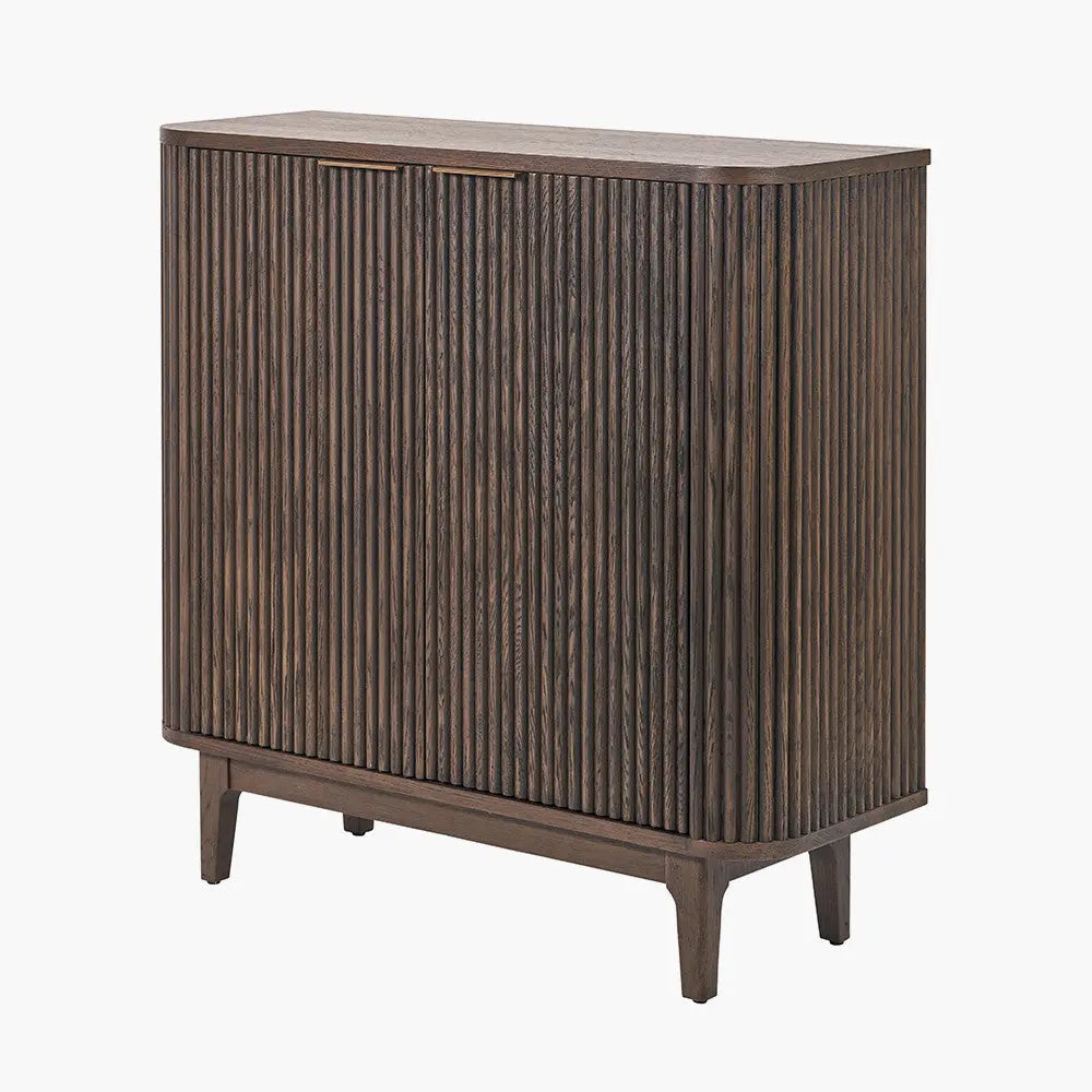 Raie Dark Brown Ribbed Oak and Pine Wood 2 Door Bar Cabinet   Nicholas John Interiors