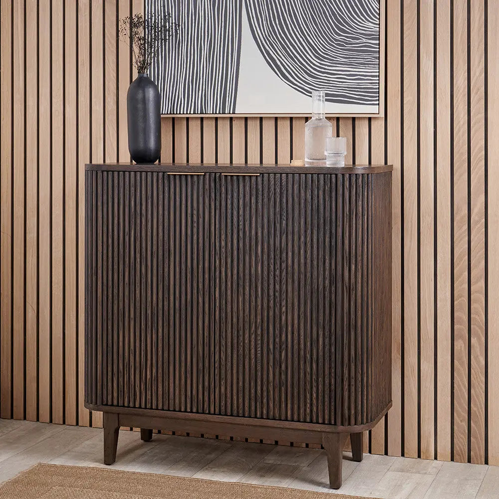 Raie Dark Brown Ribbed Oak and Pine Wood 2 Door Bar Cabinet   Nicholas John Interiors