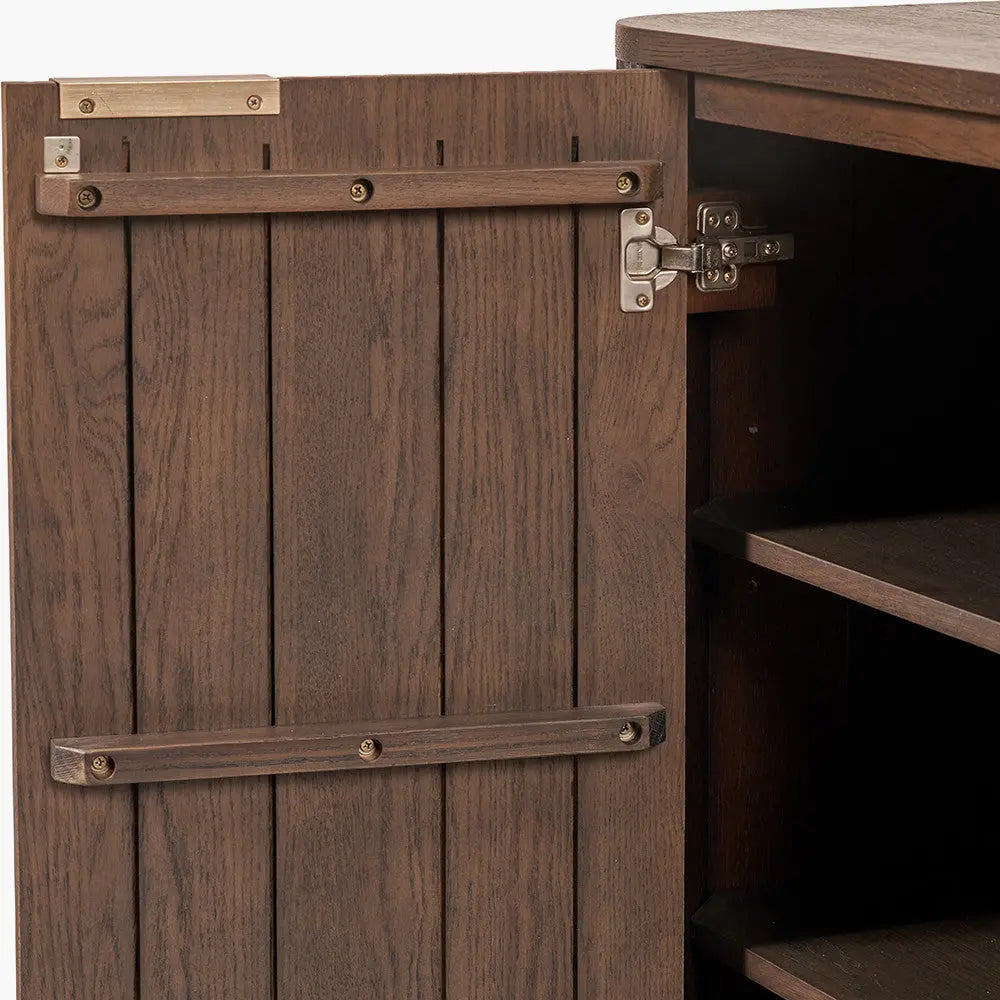 Raie Dark Brown Ribbed Oak and Pine Wood 2 Door Bar Cabinet   Nicholas John Interiors