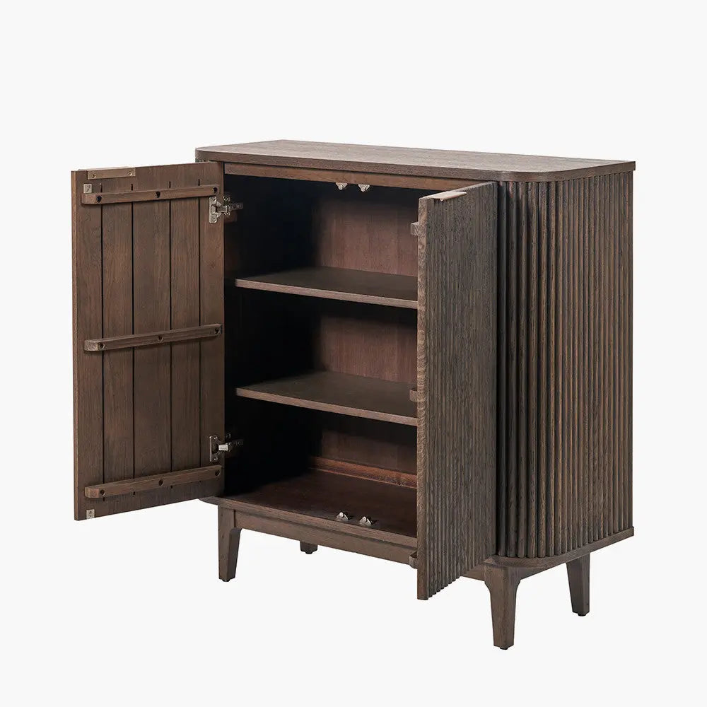 Raie Dark Brown Ribbed Oak and Pine Wood 2 Door Bar Cabinet   Nicholas John Interiors