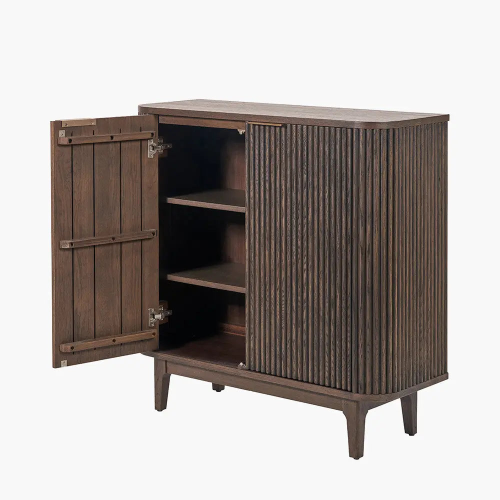 Raie Dark Brown Ribbed Oak and Pine Wood 2 Door Bar Cabinet   Nicholas John Interiors