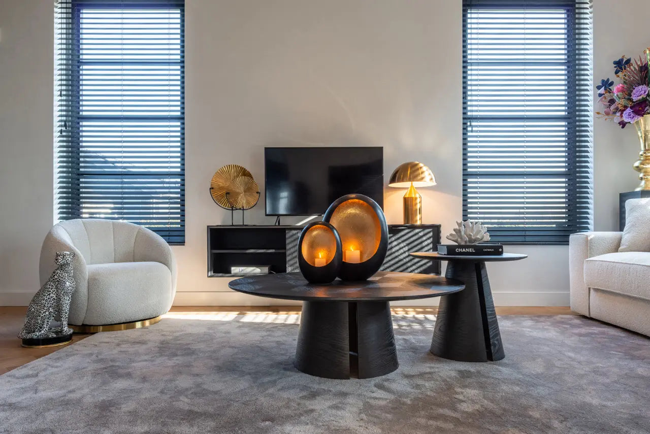 Richmond Interiors Blax Round Black Oak Veneer Coffee Table – 110 cm  Nicholas John Interiors