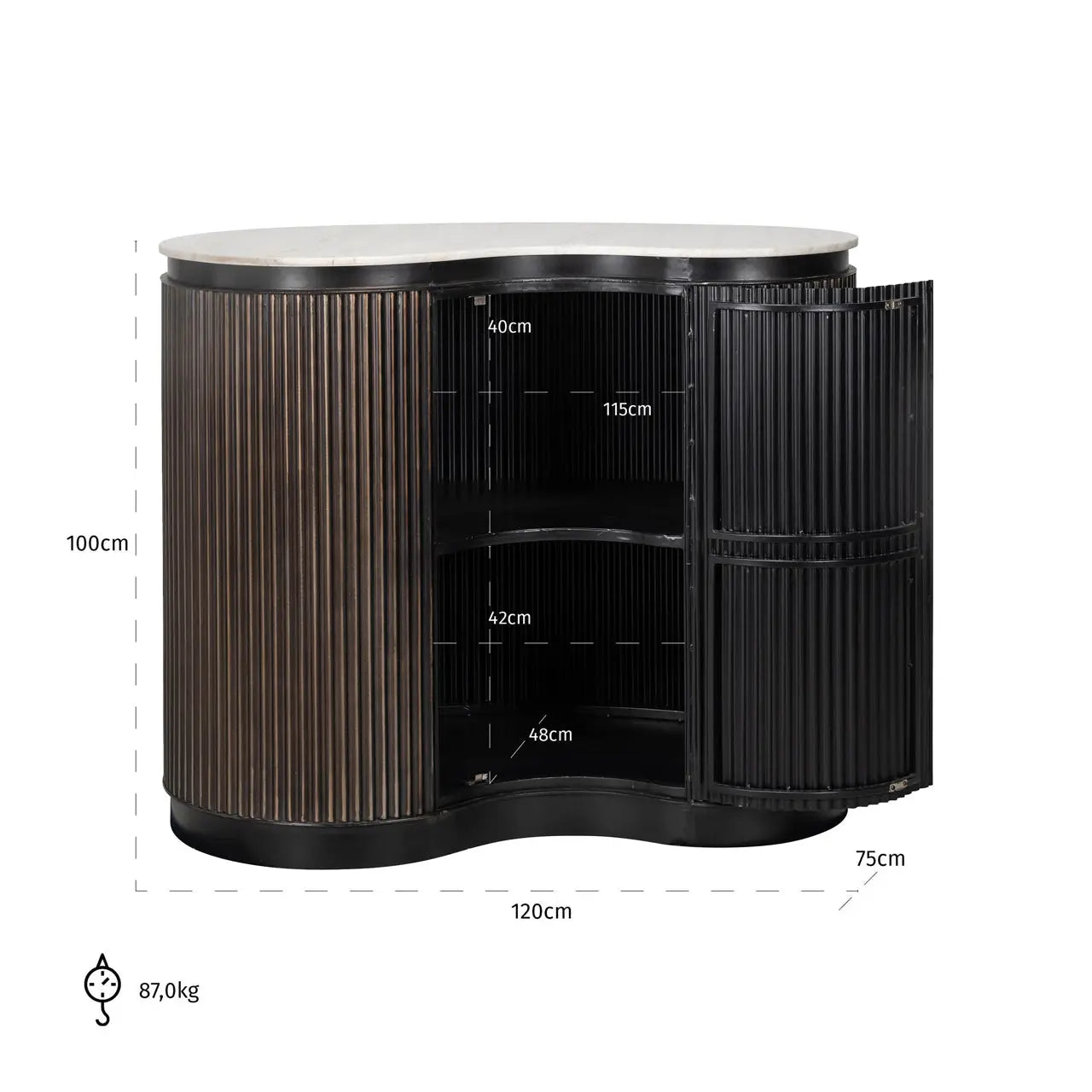 Richmond Interiors Mayfield 1-Door Ribbed Mango Wood Bar table with Marble Top  Nicholas John Interiors