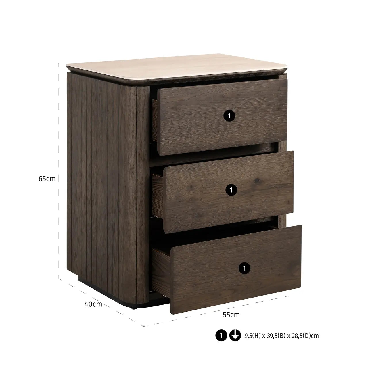 Richmond Interiors Ritz 3 Drawer Bedside in Brown – Oak & Travertine Finish   Nicholas John Interiors