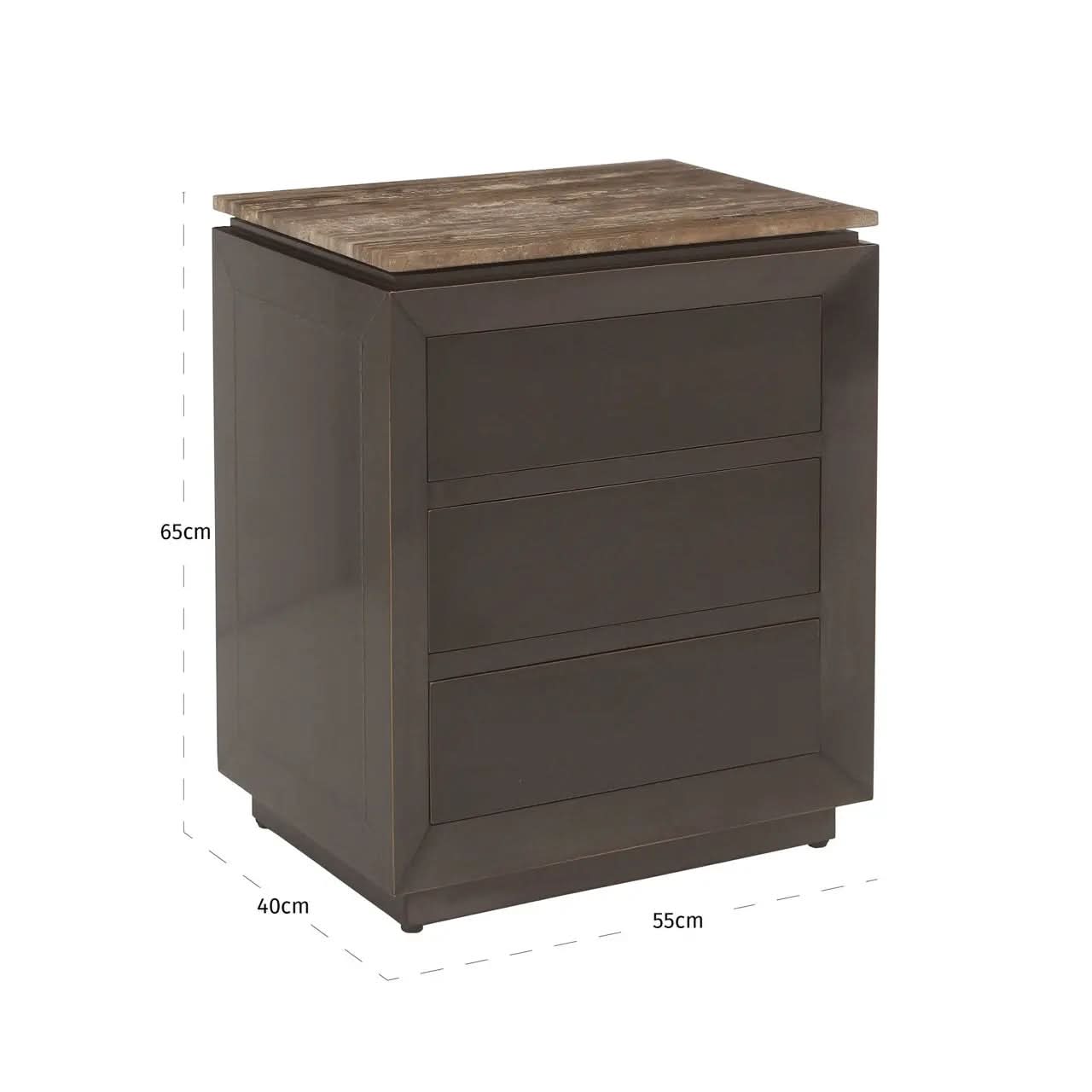 Richmond Interiors Russo Brown 3 Drawer Nightstand with Travertine Top   Nicholas John Interiors
