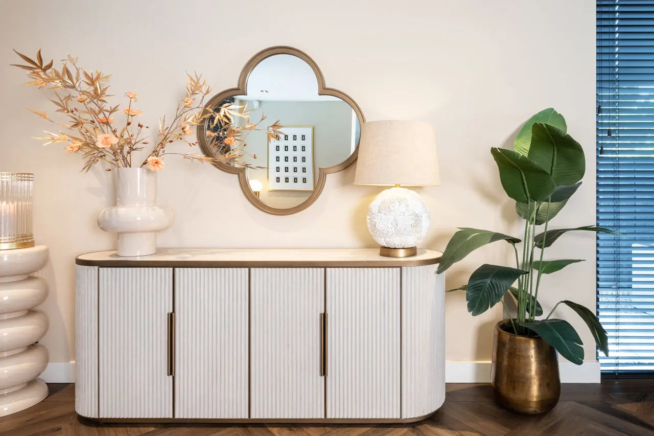 Richmond Interiors Tivoli 4-Door Sideboard in White Velvet with Ceramic Top Sideboard