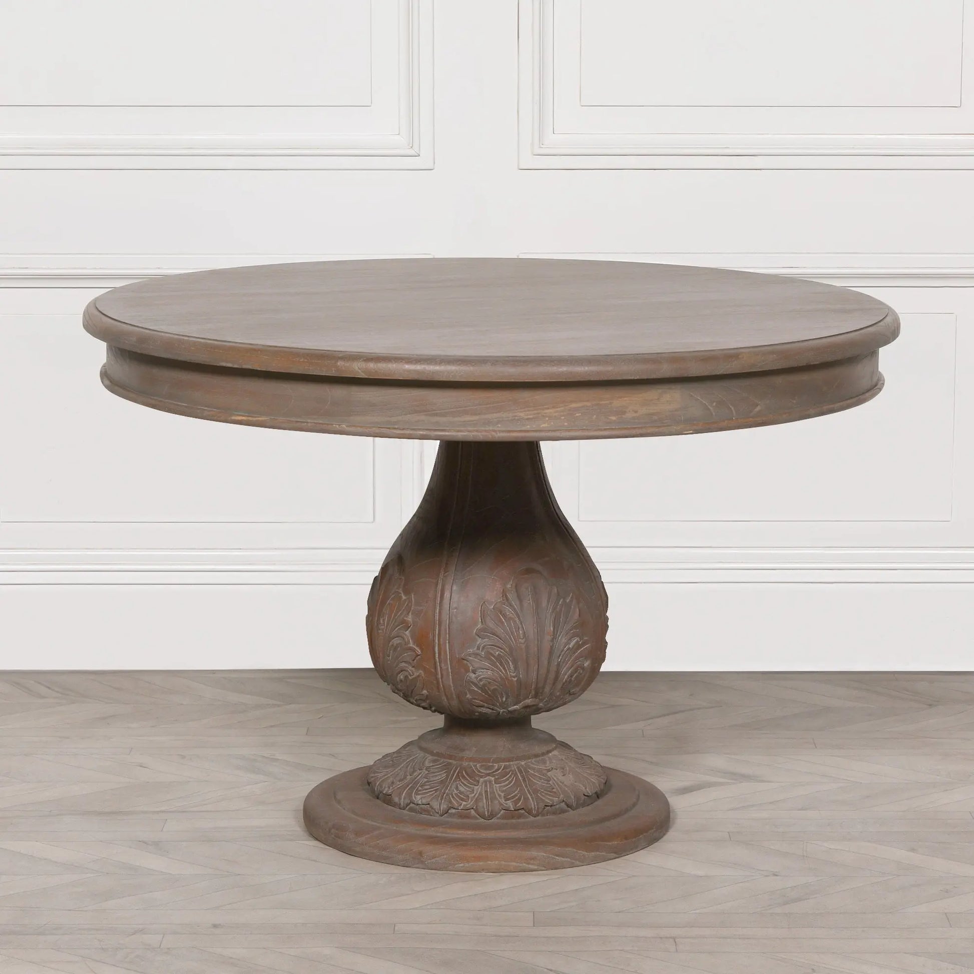 Round Pedestal Acorn Dining Table 120cm in Dark Rustic Cedar Wood   Nicholas John Interiors