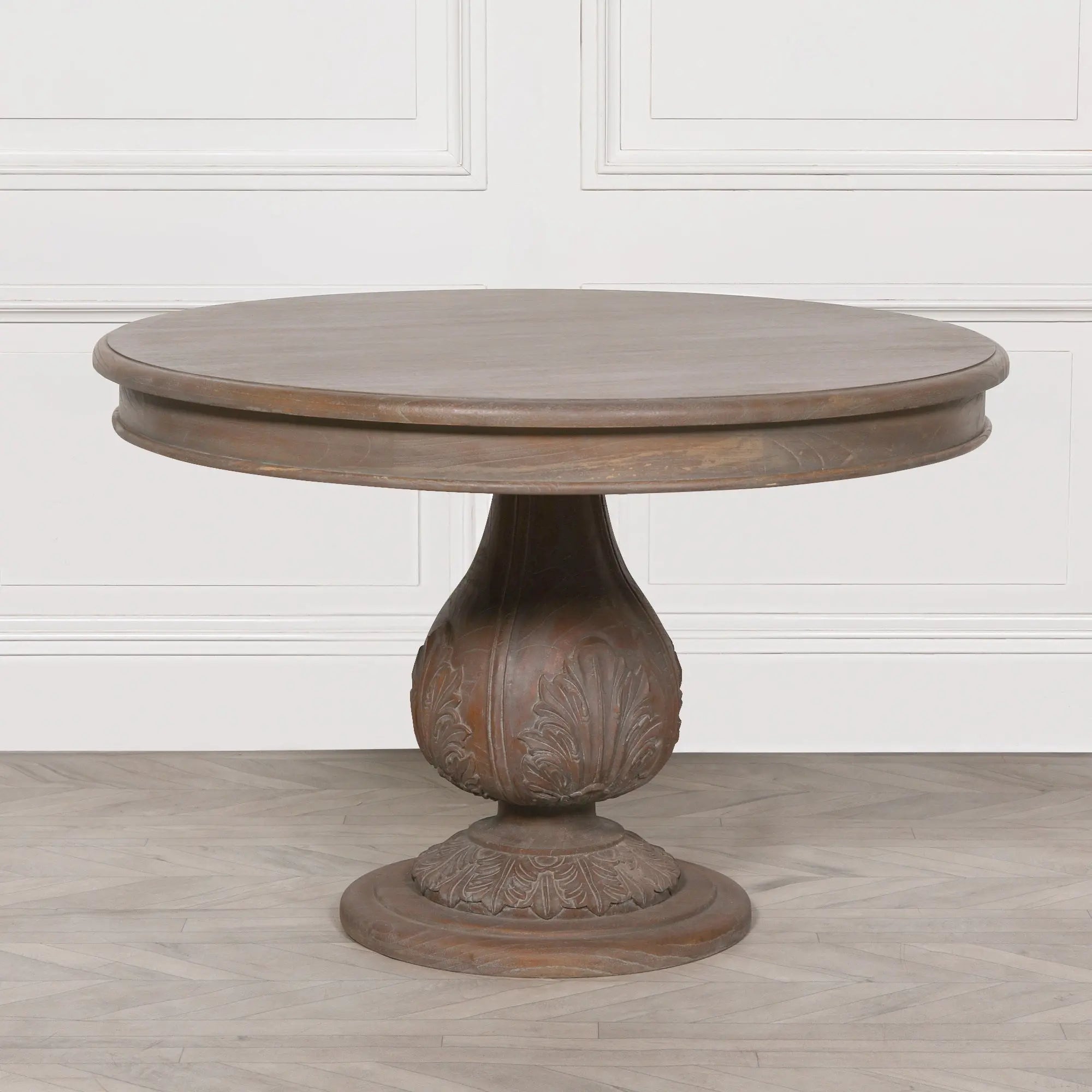 Round Pedestal Acorn Dining Table 120cm in Dark Rustic Cedar Wood   Nicholas John Interiors