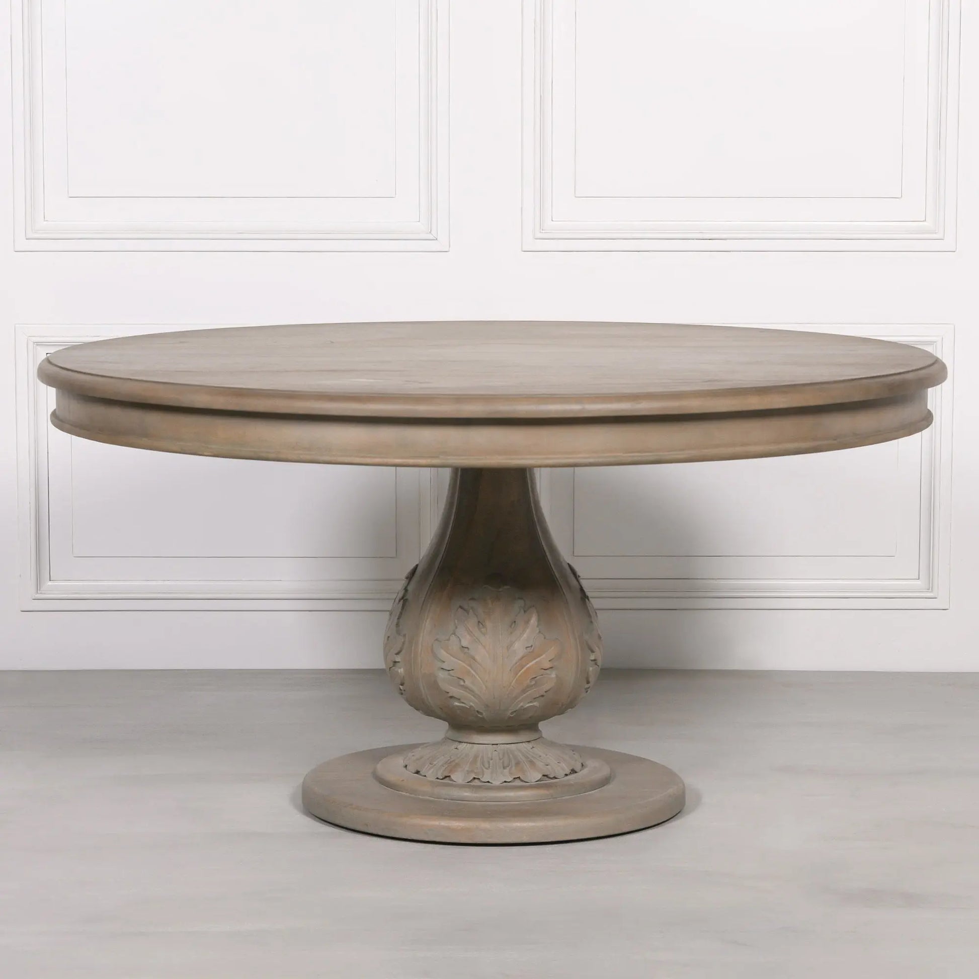 Rustic Washed 150cm Round Acorn Dining Table in Handcrafted Hardwood   Nicholas John Interiors